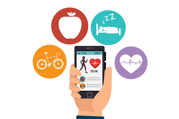 Illustration of a mobile phone with different health icons around it